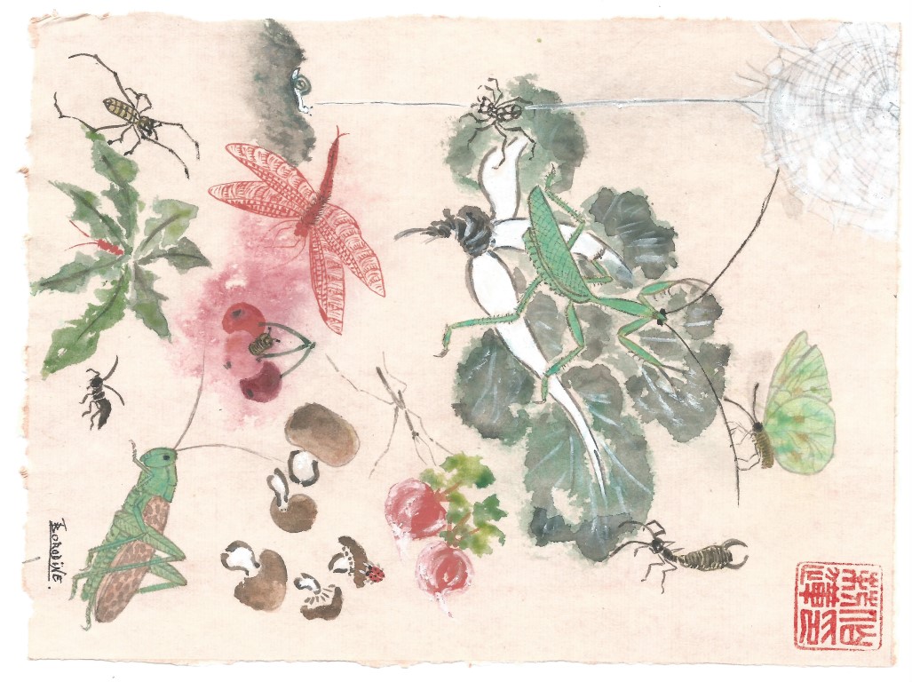 A la recherche des 13 insectes peinture miniature en gong bi