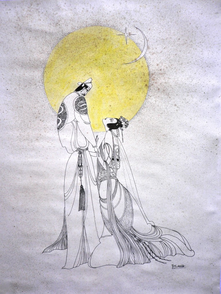 Couple chinois sous la lune plume encre