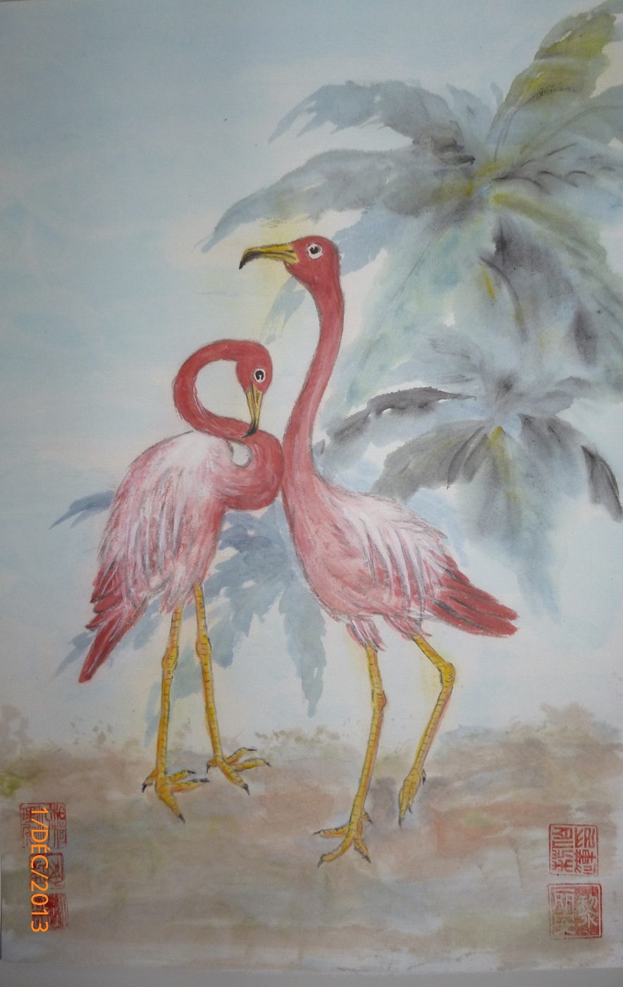 Flamingo sous les palmiers sur papier du Vietnam