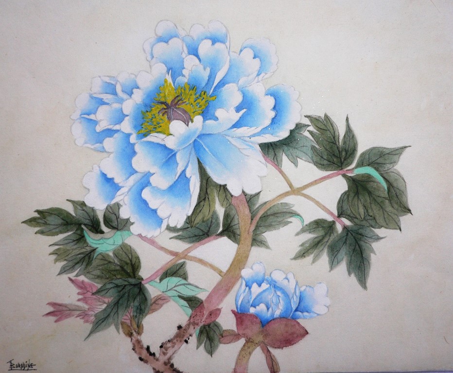 Pivoine bleue en technique gong bi